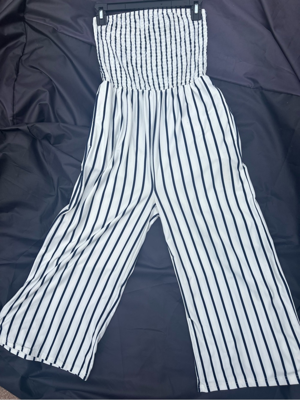 🙌💥LUX Materialistic Justify  Blue&White-Ribbed Top Strapless Jumpsuit wPockets